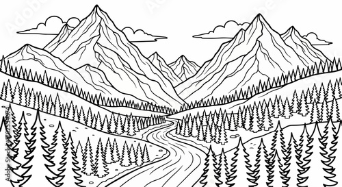 Detailed Mountain Landscape Outline Illustration, Perfect for Coloring Books, Educational Materials, and Relaxation Projects for Adults and Children Alike