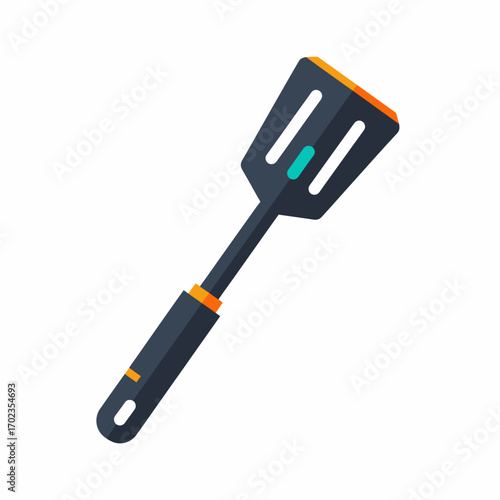 A modern, flat design illustration of a black and orange kitchen spatula with slotted head and ergonomic handle, isolated on a white background.