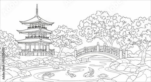 Intricate Line Art Illustration of a Japanese Garden with Pagoda, Bridge, and Koi Fish, Perfect for Meditation Coloring Books and Zen-Themed Design Projects