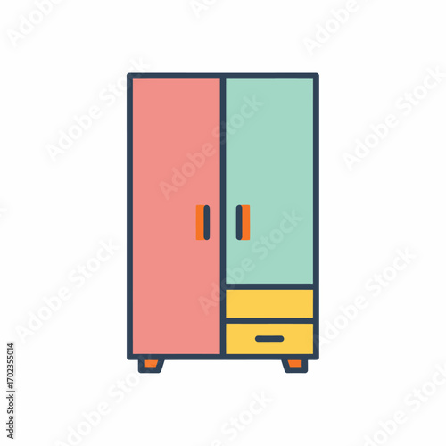 Colorful, stylized illustration of a closed wardrobe with two doors and a drawer.