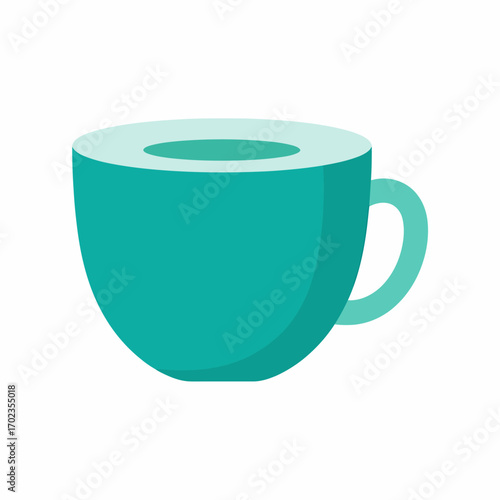 A simplified illustration of a teal-colored coffee cup with a rounded shape and a handle.