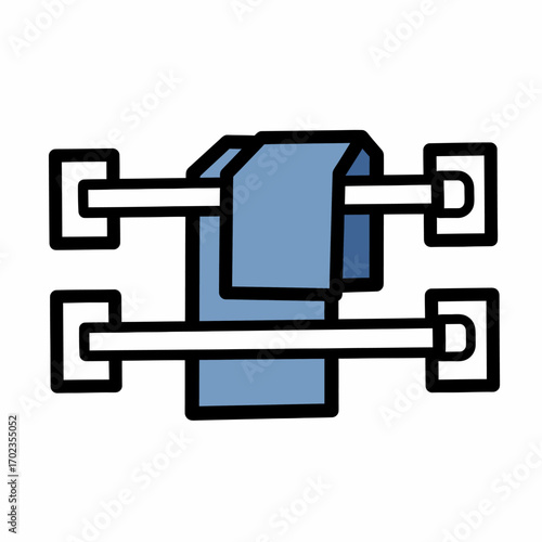 Illustration of a blue towel hanging on two parallel white towel racks with black outlines, viewed from the front.