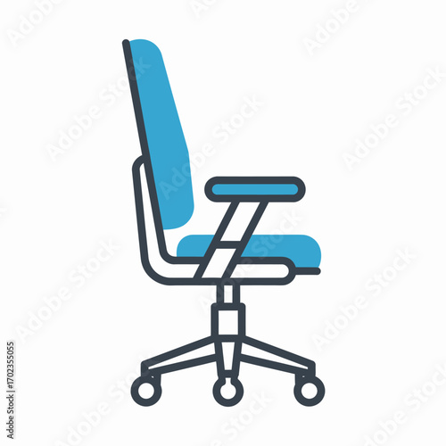 Illustration of a blue and gray ergonomic office chair with armrests and a wheeled base, viewed from the side.