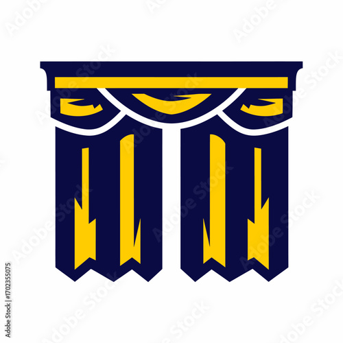 Stylized illustration of blue and yellow stage curtains with a valance, isolated on a white background.