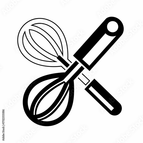 Two whisks are crossed, one solid black handle and one outlined, on a white background.