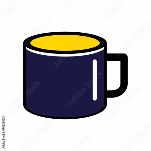 A simple graphic illustration of a dark blue mug with a bright yellow interior, featuring a distinct black outline.