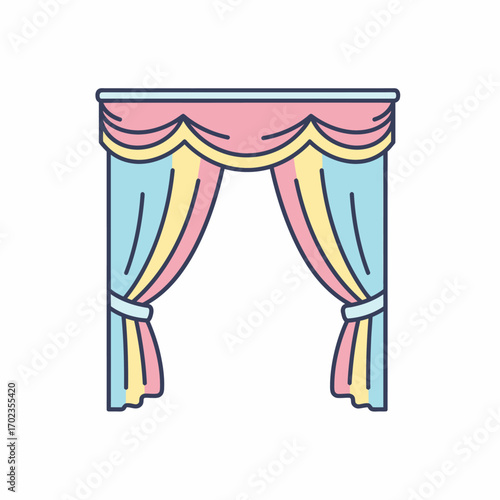 A pastel-colored illustration of elegant draped curtains with a decorative valance, tied back with fabric bands, suggesting a theatrical or interior design element.