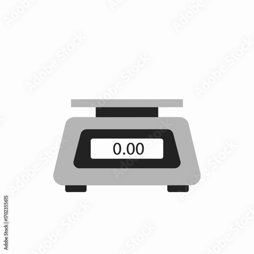 A grey digital weighing scale with an electronic display showing zero, isolated on a white background.