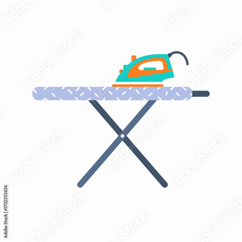 A teal and orange iron sits atop a light purple ironing board with a dark gray X-shaped base.