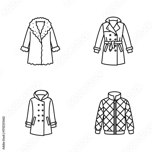 Collection of Winter fashion themed icons, including Faux fur coat, Trench coat, Pea coat, Quilted jacket