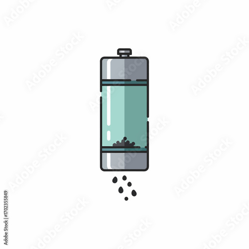 Illustration of a pepper shaker with a transparent body showing peppercorns, and some peppercorns falling out.