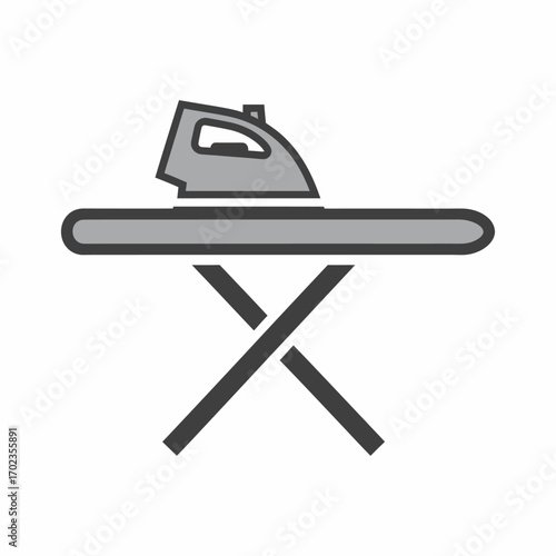 Gray flat icon of an ironing board with an iron.
