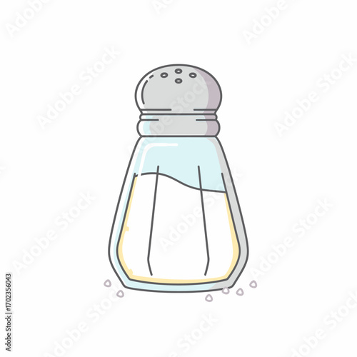 A simple line art illustration of a classic glass salt shaker with a silver perforated lid, filled with white salt.
