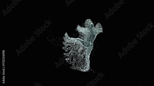 A 3D animated character performs a sword dance with dynamic water splash effects. The clip ends with an alpha matte, making it suitable for creative projects, entertainment, or digital media use.