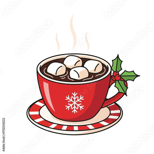 Cozy hot chocolate with marshmallows and festive holly decoration