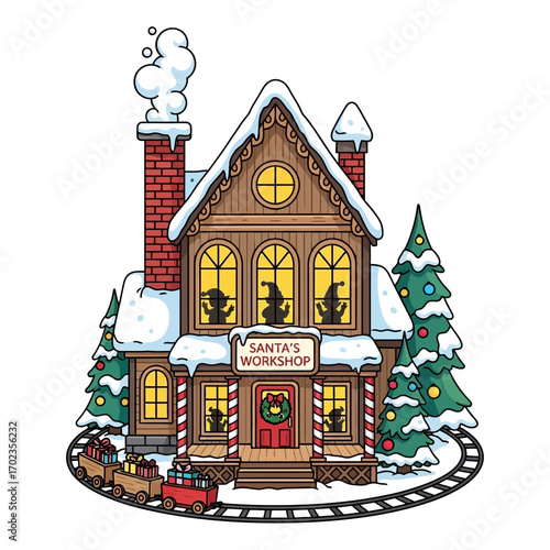 Charming Santa's Workshop with happy elves and festive train delivery