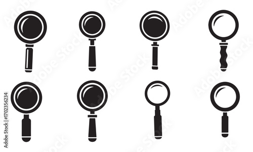 A versatile set of black magnifying glass vector icons, perfect for illustrating concepts of search, analysis, and discovery