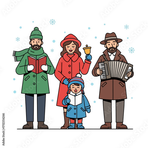 Joyful family singing carols together during winter holidays with accordion music