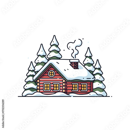 Cozy winter cabin with snow-covered roof and evergreen trees, a warm retreat