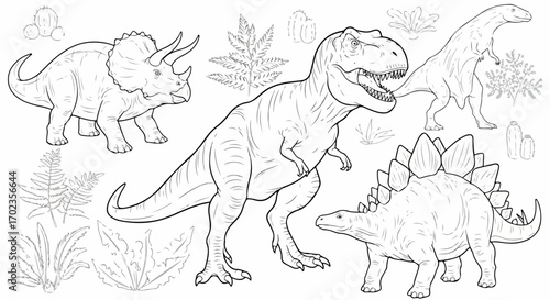 Dinosaur Outlines Illustration For Children's Coloring Books, Educational Materials, and Paleontology-Themed Design Projects, Promoting Creativity and Learning