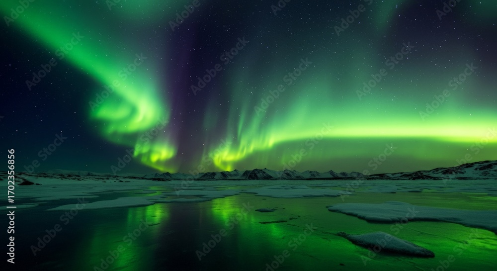 Naklejka premium Aurora Borealis reflecting in frozen lake Iceland.