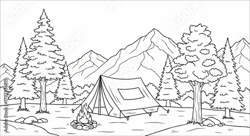 Camping Adventure Illustration for Coloring Books, Websites and Educational Materials, Perfect for Nature Lovers and Outdoor Activity Enthusiasts.