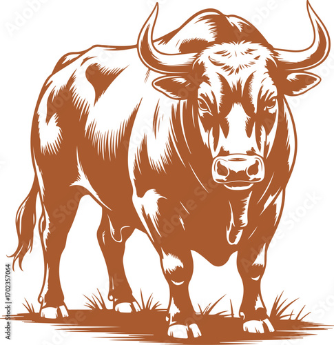 A powerful brown bull standing on grassy ground with intricate details and strong presence