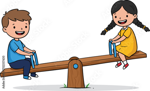 Happy kids playing on a wooden seesaw together, children enjoying playground fun, outdoor activity, friendship, teamwork, joyful childhood moments, smiling faces