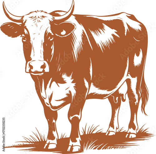 Detailed illustration of a horned brown dairy cow standing in grass, isolated vector graphic art