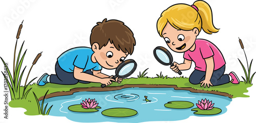 Two children exploring pond life with magnifying glasses, outdoor nature discovery, learning about insects and plants, educational kids activity fun