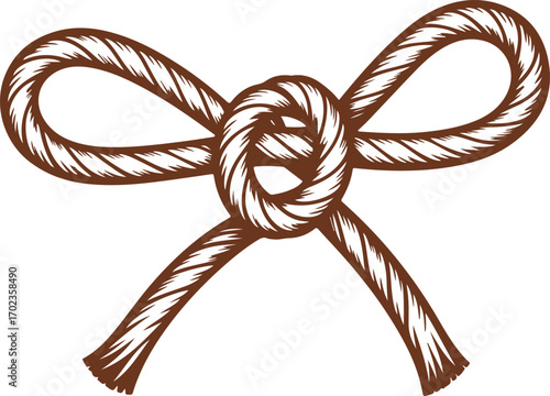 A decorative bow knot tied with thick brown rope in a vintage hand-drawn sketch style