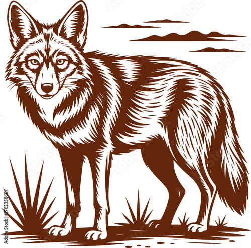 Full-length wild coyote standing in a prairie landscape, retro woodcut illustration