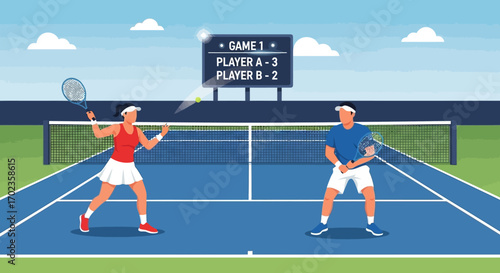 Vector Illustration of Tennis Match Scene Featuring Players with Rackets in Modern Style with Blue and Red Color Scheme