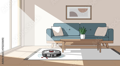 Vector Illustration of Robot Vacuum Cleaner in Modern Living Room with Minimalist Design Style and Neutral Color Palette