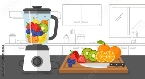 Vector Illustration of Blended Fruit Smoothie in Modern Kitchen Style with Fresh Fruits in Bright Colors