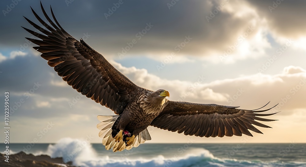Fototapeta premium Majestic Sea Eagle Soaring Over Ocean Waves at Sunset.