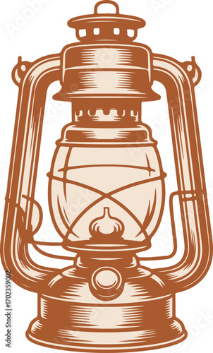 An old-fashioned kerosene hurricane lantern illustrated in a vintage woodcut style