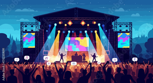 Vector Illustration of Outdoor Music Concert Stage with Performers and Audience in Modern Vibrant Style