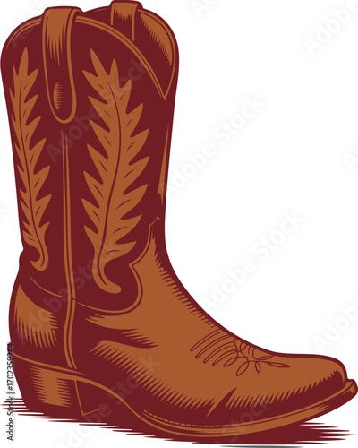 Detailed Engraved Cowboy Boot Illustration A Western Icon's Brown Leather Texture