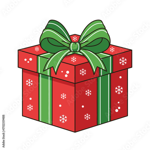Festive Christmas gift box with snowflakes and green bow, perfect holiday cheer