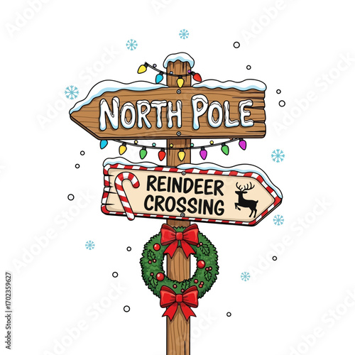 Festive North Pole and Reindeer Crossing Sign with Holiday Cheer and Snowy Accents