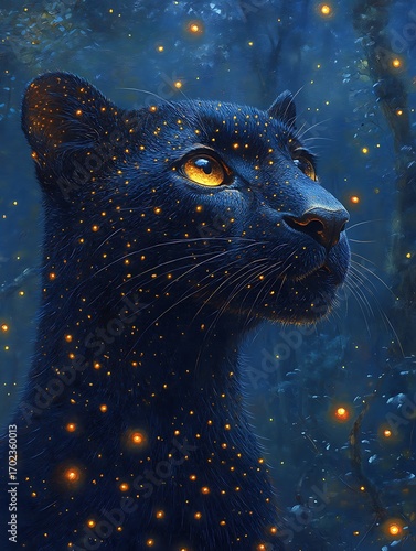 Mystical Black Panther Under a Firefly Sky