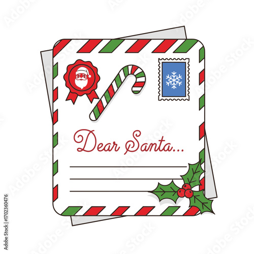 Festive Christmas letter to Santa with candy cane and holly, holiday greetings
