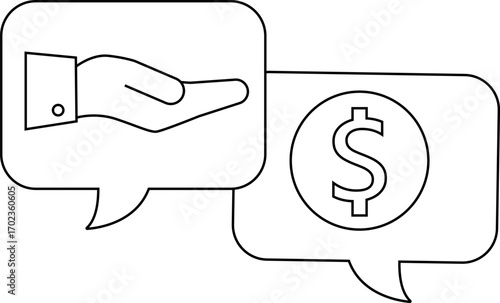 dollar coin chat icon and hand icon with white background