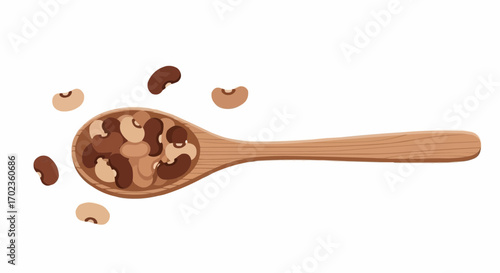 Vector art of a wooden spoon filled with a mix of blackeyed peas and kidney beans, with a few scattered beans around