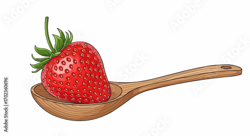 Vector art of a single ripe red strawberry with green leaves resting on a wooden spoon, , showcasing its texture and vibrant color