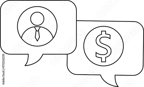 dollar chat icon and icon of a person wearing a tie with a white background