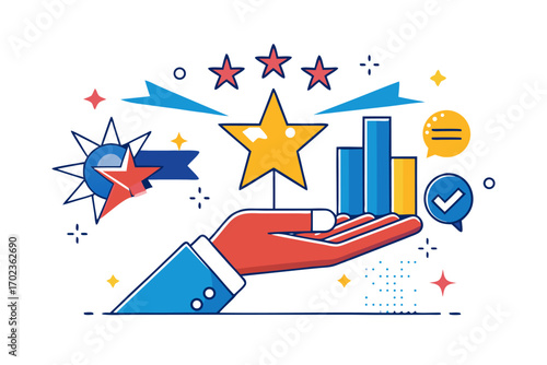 Flat vector illustration of a hand holding a review card with three stars, symbolizing customer feedback, service quality, product rating, client satisfaction, and business credibility. Perfect for we