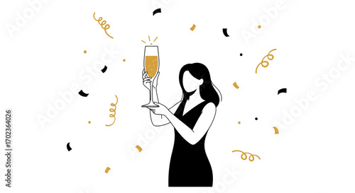 Celebrating Special Moment: A Woman Raises Clinking Champagne Amidst Confetti Revelry