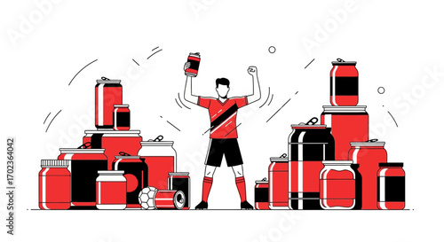 Celebratory Soccer Enthusiast Surrounds Himself With Refreshing Canned Beverages